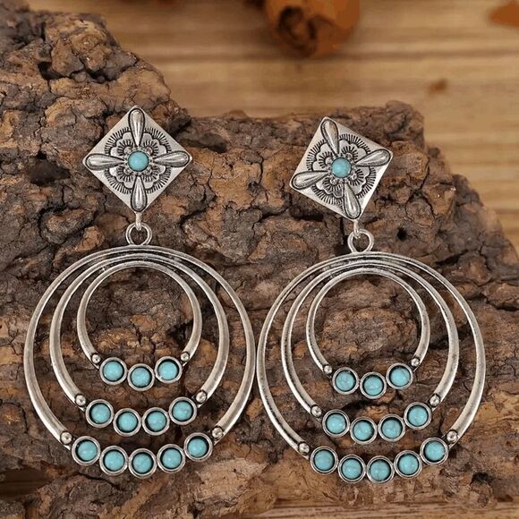 Western Round Geometric Silver Turquoise Dangle Earrings - Picture 5 of 5